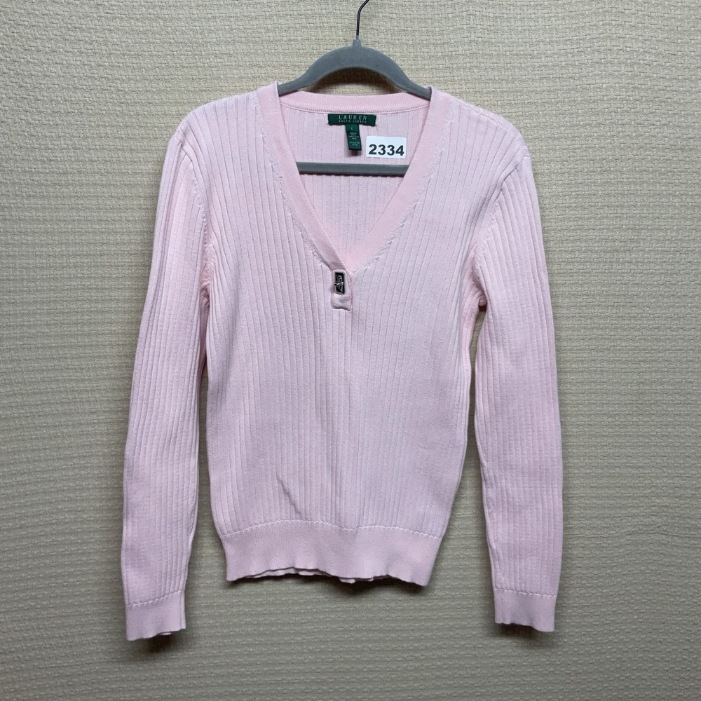 LAUREN RALPH LAUREN Pink Sweater Large Pullover V Neck Ribbed 100%Cotton Stretch